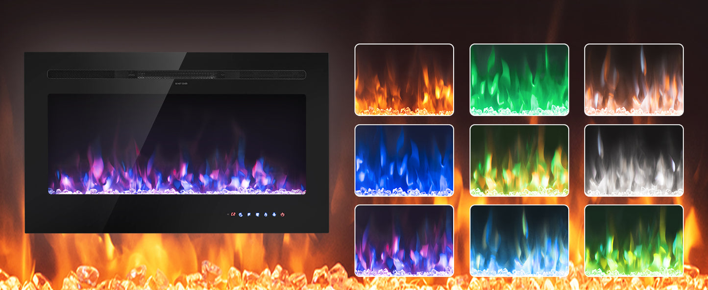 40 Inch Recessed Electric Fireplace with Thermostat & Multi Color Flames