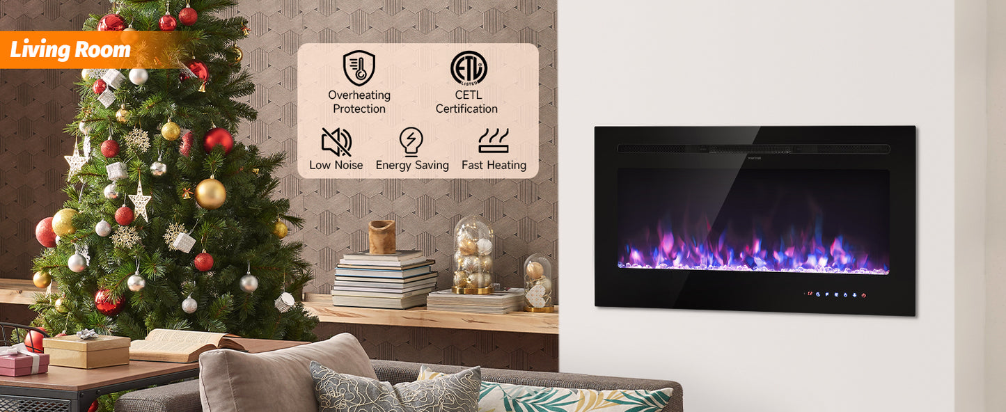40 Inch Recessed Electric Fireplace with Thermostat & Multi Color Flames