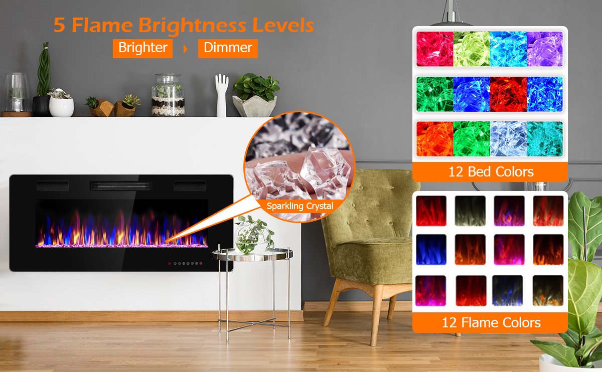 42 Inch Recessed Ultra Thin Electric Fireplace with Timer & Adjustable Heat