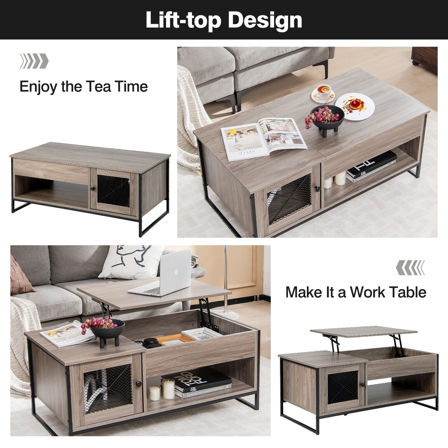 Multi Functional Lift Top Coffee Table with Enclosed and Open Storage