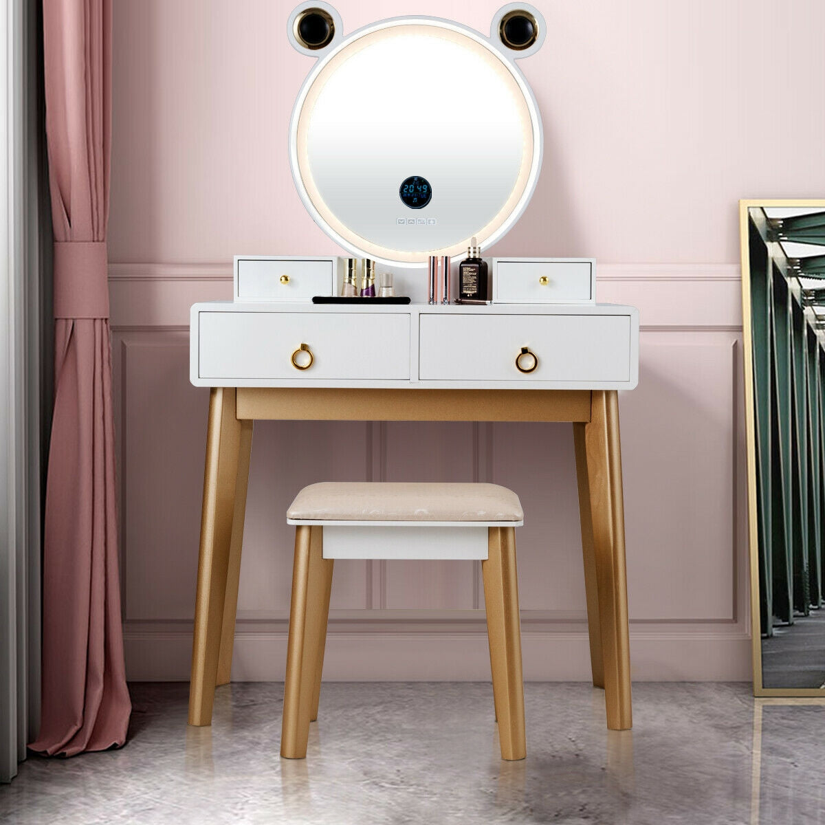 3-Color LED Vanity Set with Touch Screen Dimming Mirror, Wireless Speakers & 4 Storage Drawers