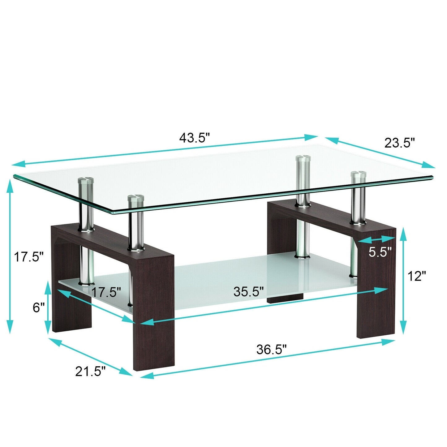 Modern Glass Coffee Table with Lower Shelf and Rectangular Design - Brown