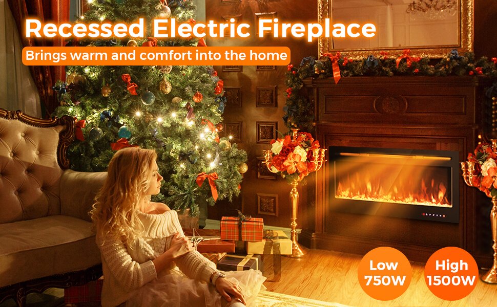 50 Inch Wall Mounted/Recessed Electric Fireplace Insert with Adjustable Brightness