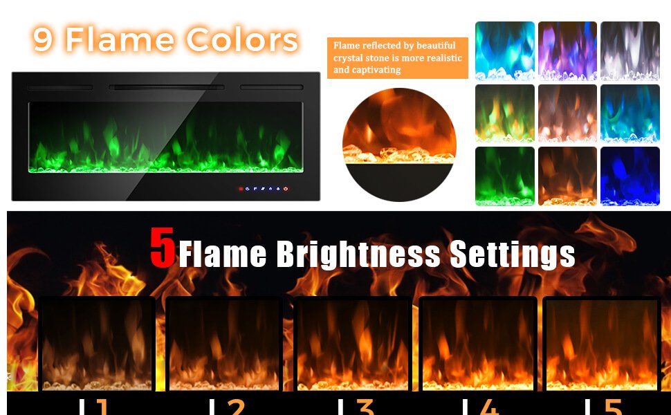50 Inch Wall Mounted/Recessed Electric Fireplace Insert with Adjustable Brightness