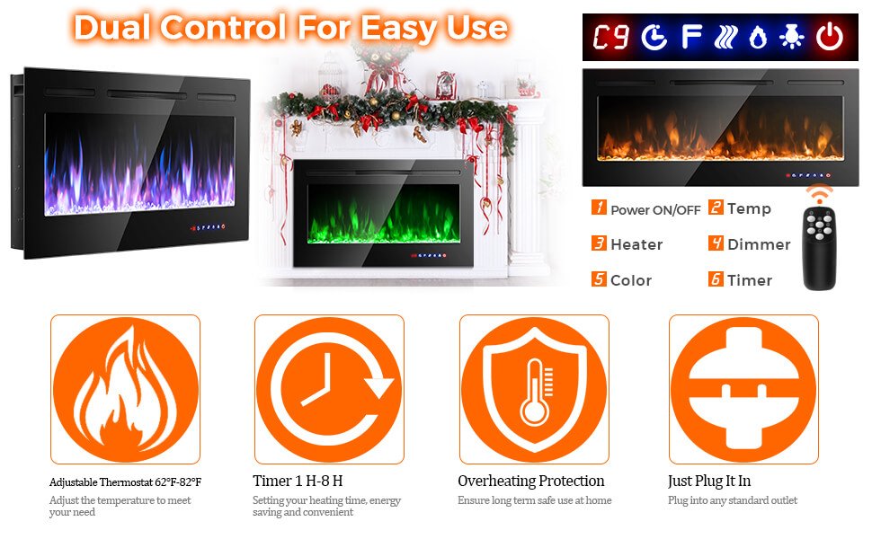 50 Inch Wall Mounted/Recessed Electric Fireplace Insert with Adjustable Brightness