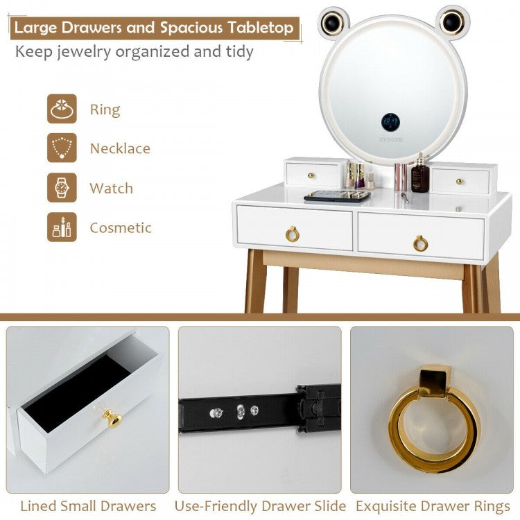 3-Color LED Vanity Set with Touch Screen Dimming Mirror, Wireless Speakers & 4 Storage Drawers