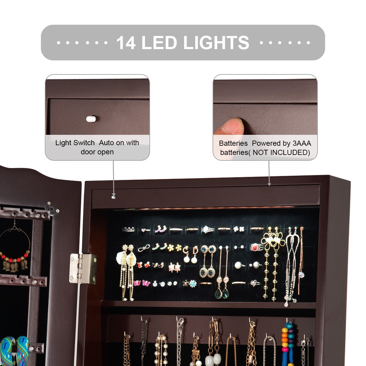 Freestanding Jewelry Armoire with Mirror, Drawers, and LED Lights