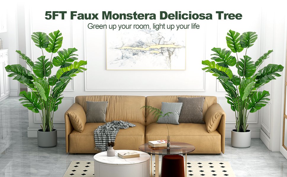 Set of 2 - 5 Foot Artificial Monstera Deliciosa Trees with Lush Greenery