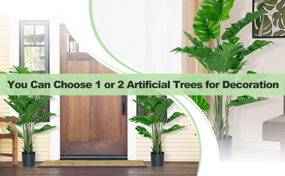 Set of 2 - 5 Foot Artificial Monstera Deliciosa Trees with Lush Greenery