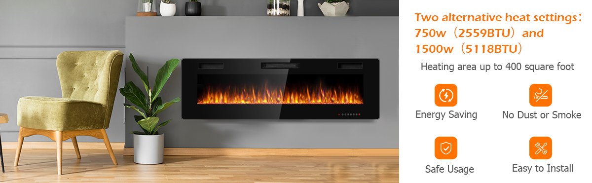60 Inch Ultra Slim Electric Fireplace with Dual Heat Settings