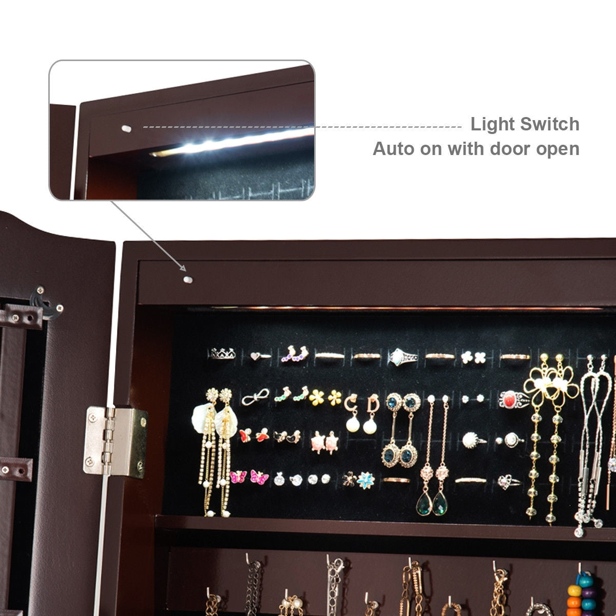 Freestanding Jewelry Armoire with Mirror, Drawers, and LED Lights