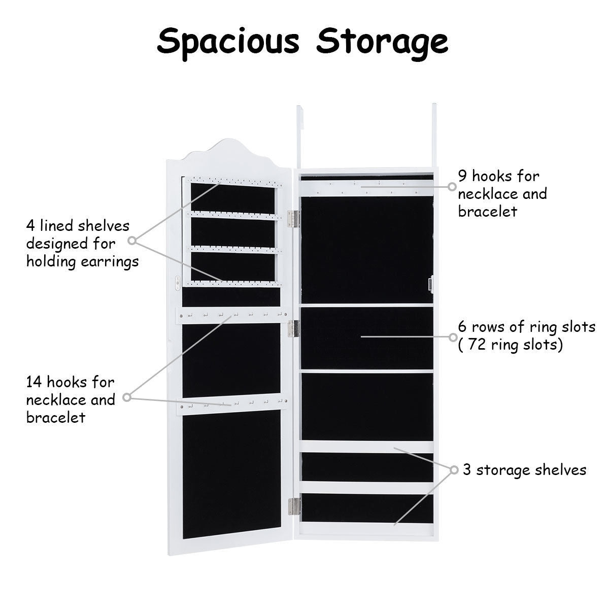 Wall Mounted Jewelry Armoire with Full Length Mirror and Storage Shelves