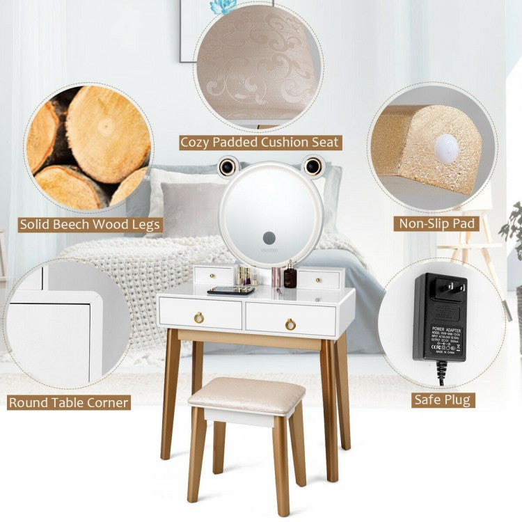 3-Color LED Vanity Set with Touch Screen Dimming Mirror, Wireless Speakers & 4 Storage Drawers