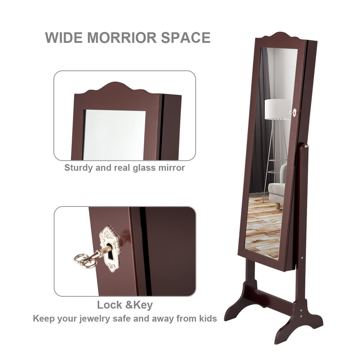Freestanding Jewelry Armoire with Mirror, Drawers, and LED Lights