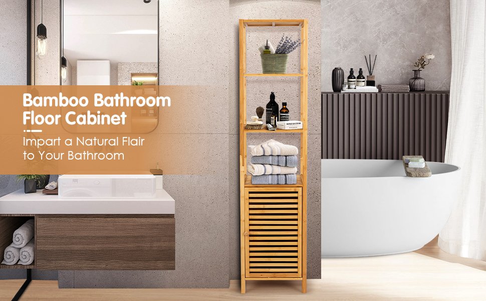 4 Tier Bamboo Floor Cabinet with Shutter Doors and Anti-Tip Feature