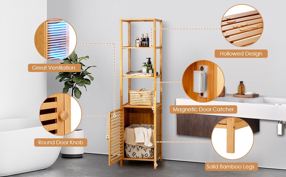 4 Tier Bamboo Floor Cabinet with Shutter Doors and Anti-Tip Feature