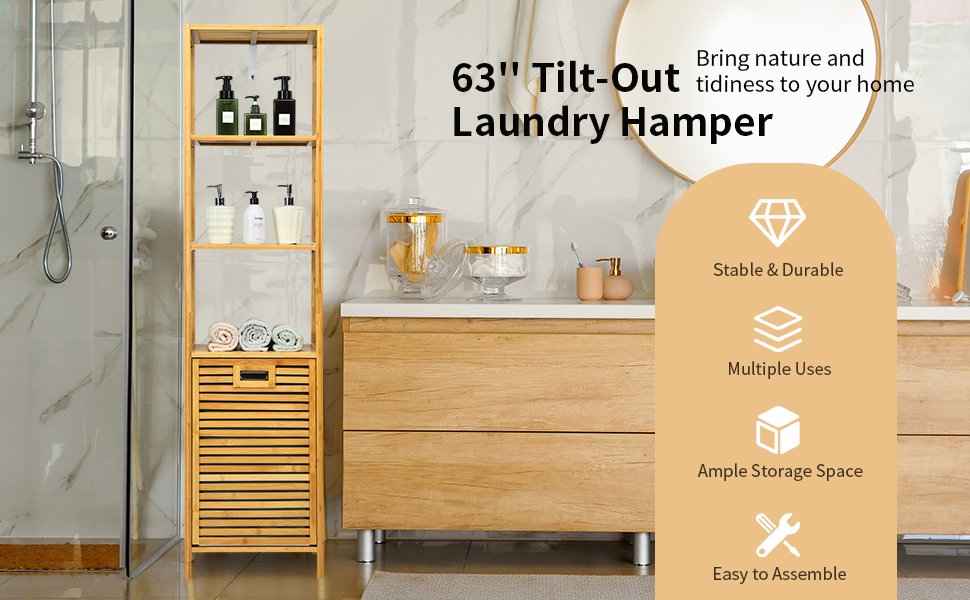 Bamboo 2-in-1 Tilt Out Laundry Hamper with 3 Tier Storage Shelf