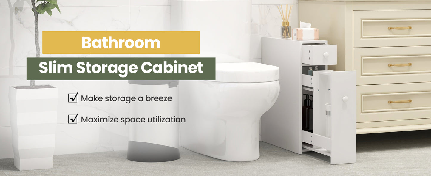 Slim White Bathroom Storage Cabinet with Slide Out Drawers