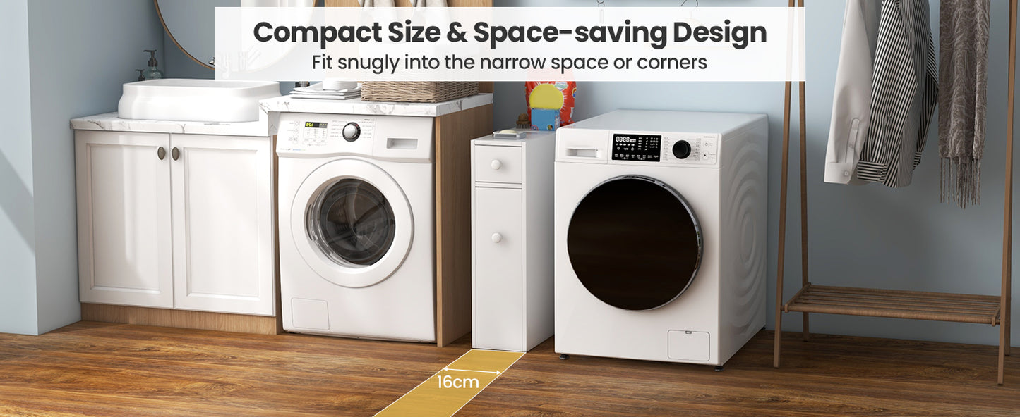 Slim White Bathroom Storage Cabinet with Slide Out Drawers