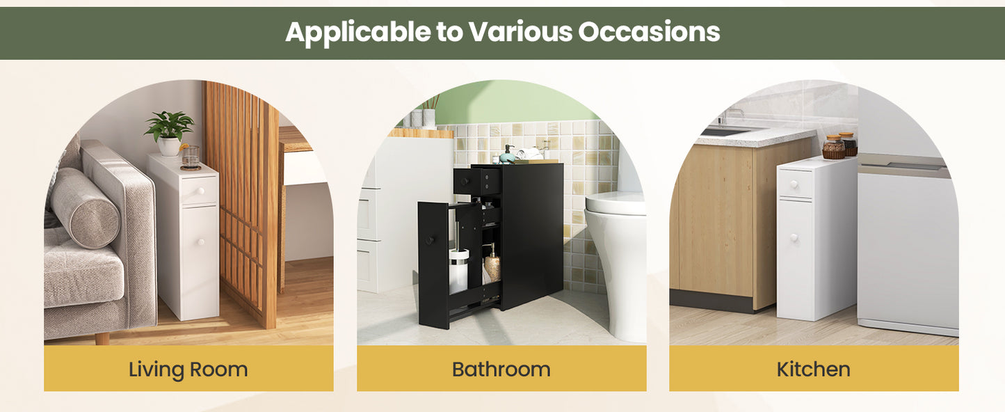 Slim White Bathroom Storage Cabinet with Slide Out Drawers