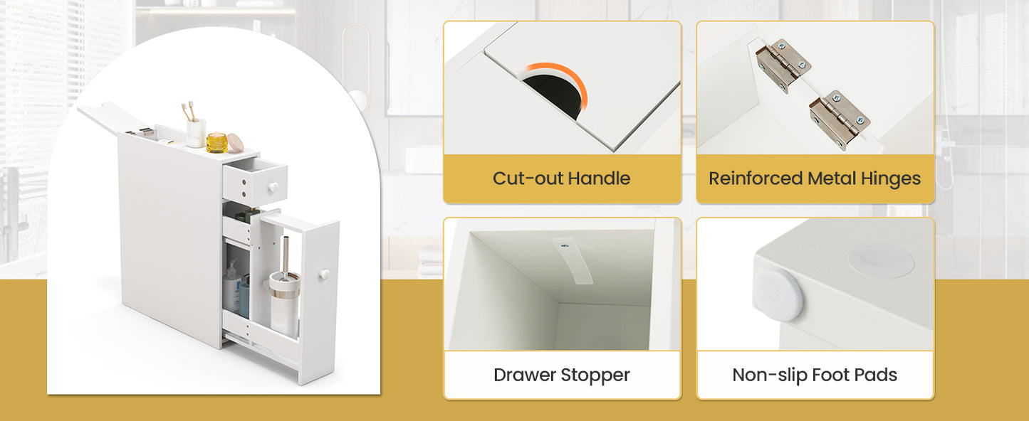 Slim White Bathroom Storage Cabinet with Slide Out Drawers