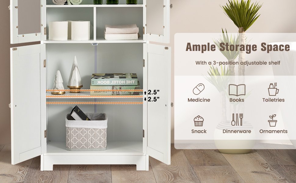 4 Door Freestanding Bathroom & Kitchen Storage Cabinet with Adjustable Shelf