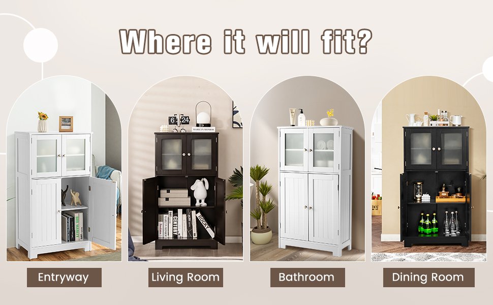 4 Door Freestanding Bathroom & Kitchen Storage Cabinet with Adjustable Shelf
