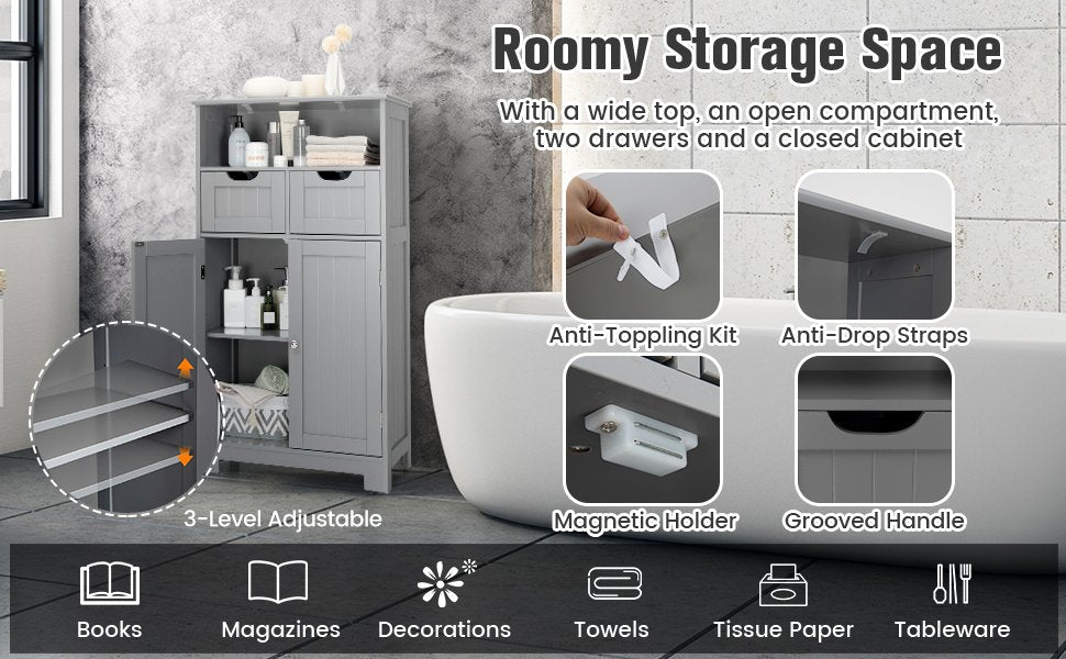 Adjustable Storage Bathroom Side Cabinet with Magnetic Doors