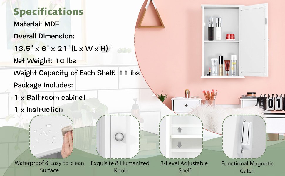 Wall-Mounted Bathroom Cabinet with Mirror and Adjustable Shelf