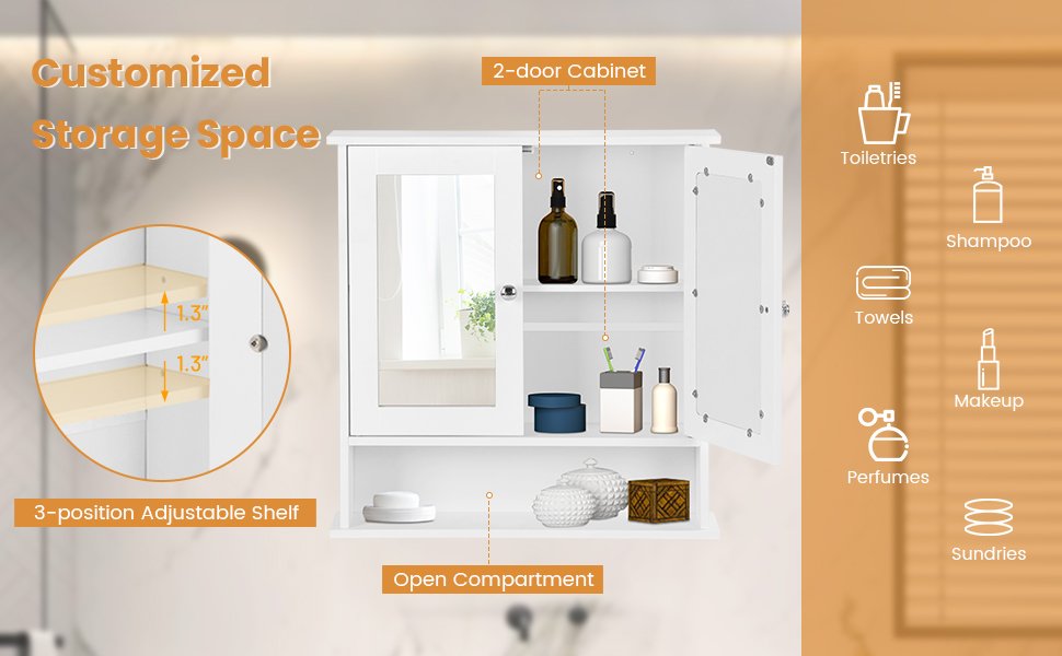 Space Saving Wall Cabinet with Mirror and Adjustable Shelves