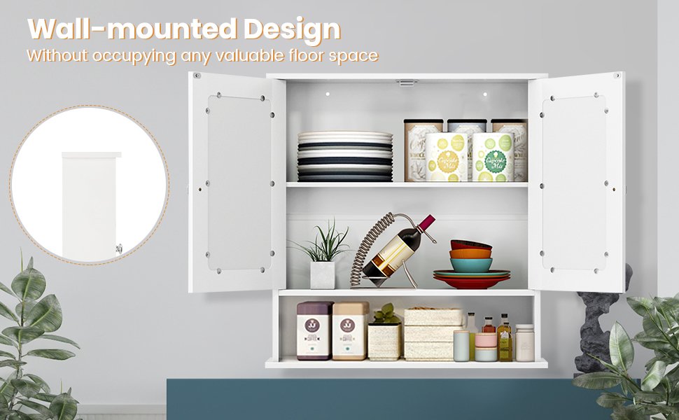 Space Saving Wall Cabinet with Mirror and Adjustable Shelves