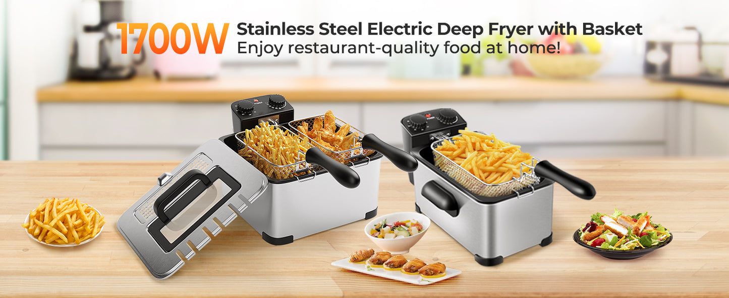 1700W Triple Basket Stainless Steel Electric Deep Fryer – 5.3QT Capacity (21-Cup)