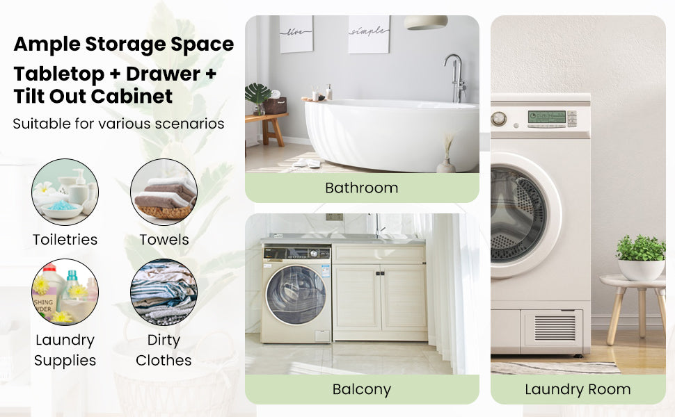 Multi Function Bamboo Laundry Cabinet with Tilt-Out Hamper and Storage Drawer