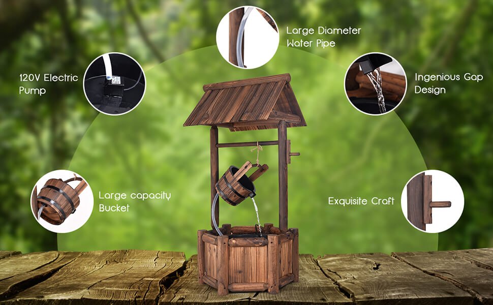Rustic Wooden Garden Wishing Well Water Fountain with Electric Pump