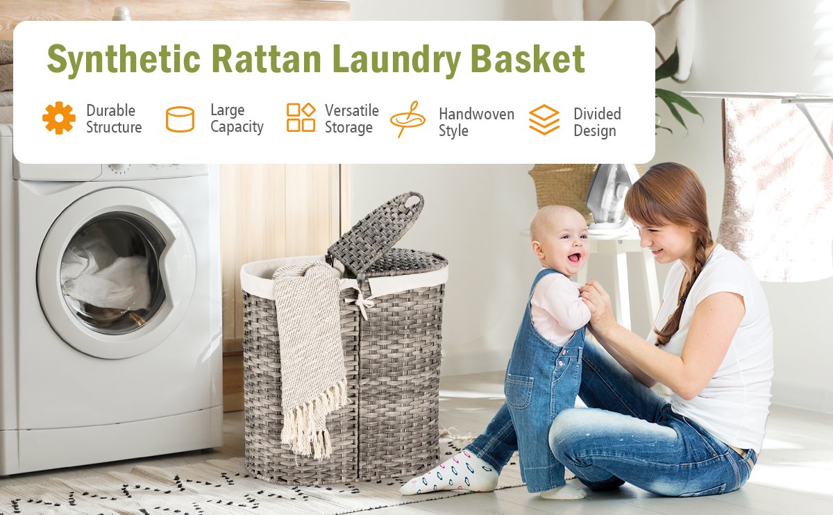 Handwoven Rattan Laundry Hamper with Removable Liner Bags & Dual Compartments