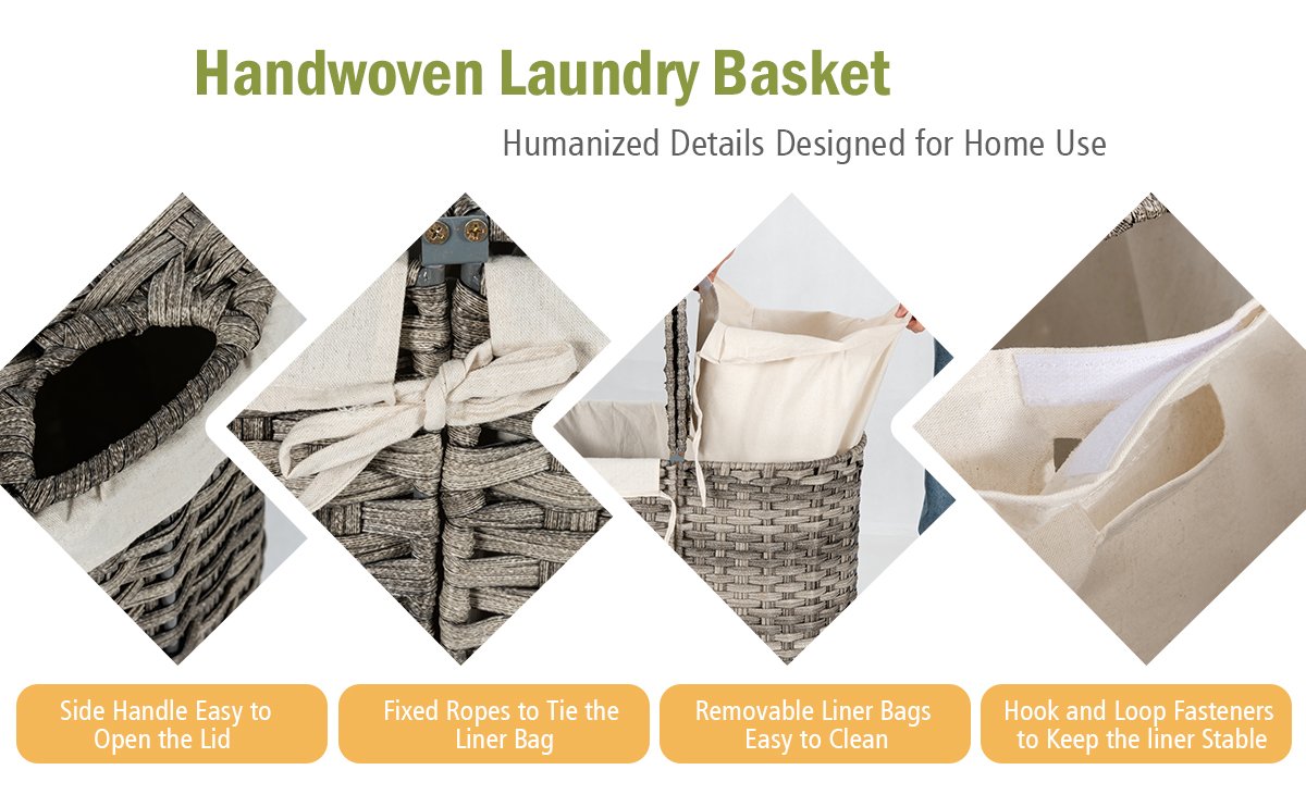Handwoven Rattan Laundry Hamper with Removable Liner Bags & Dual Compartments