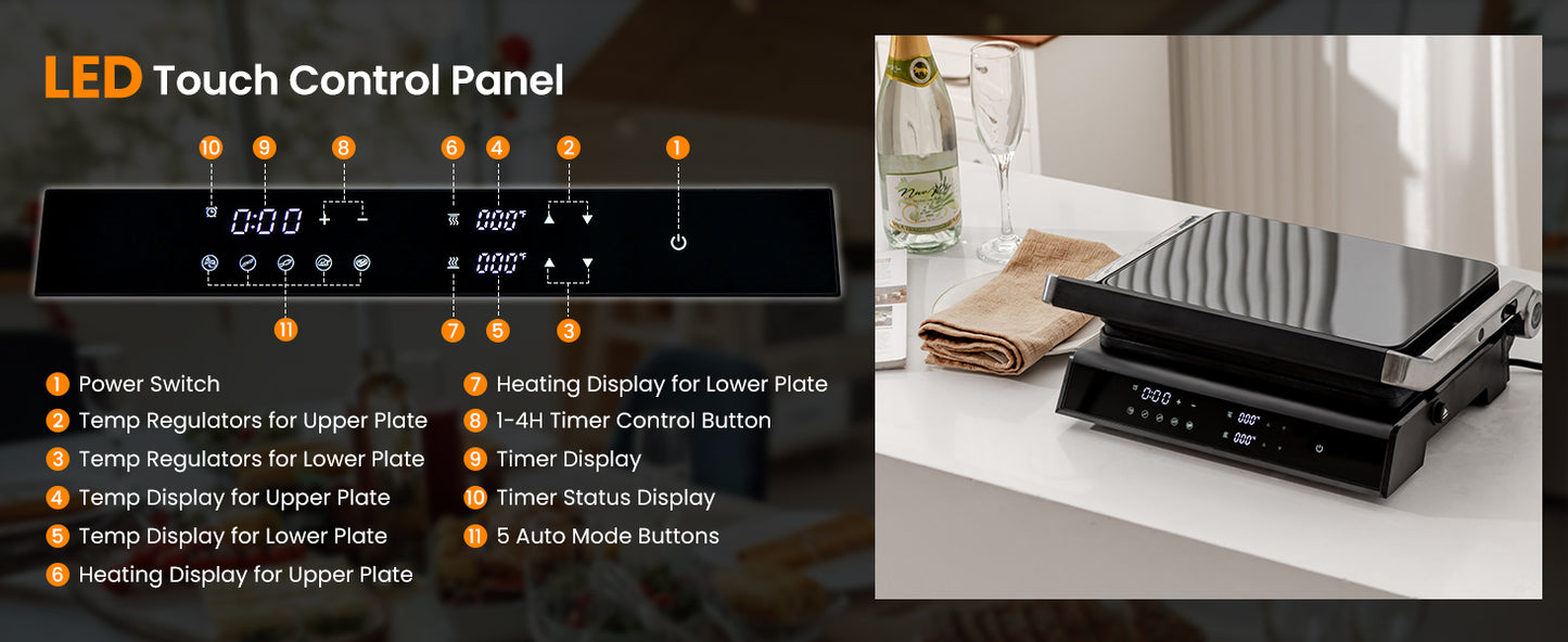 3 in 1 Electric Grill & Panini Press with LED Touch Display