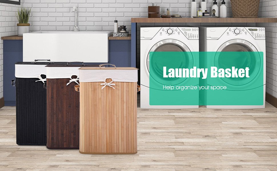 Rectangular Bamboo Laundry Basket with Lid and PU Leather Handles