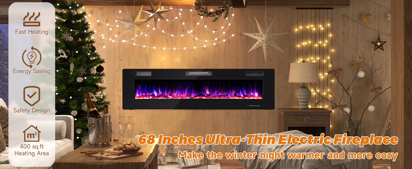 68 Inch Ultra Slim Electric Fireplace with Crystal Log - Wall-Mounted or Recessed