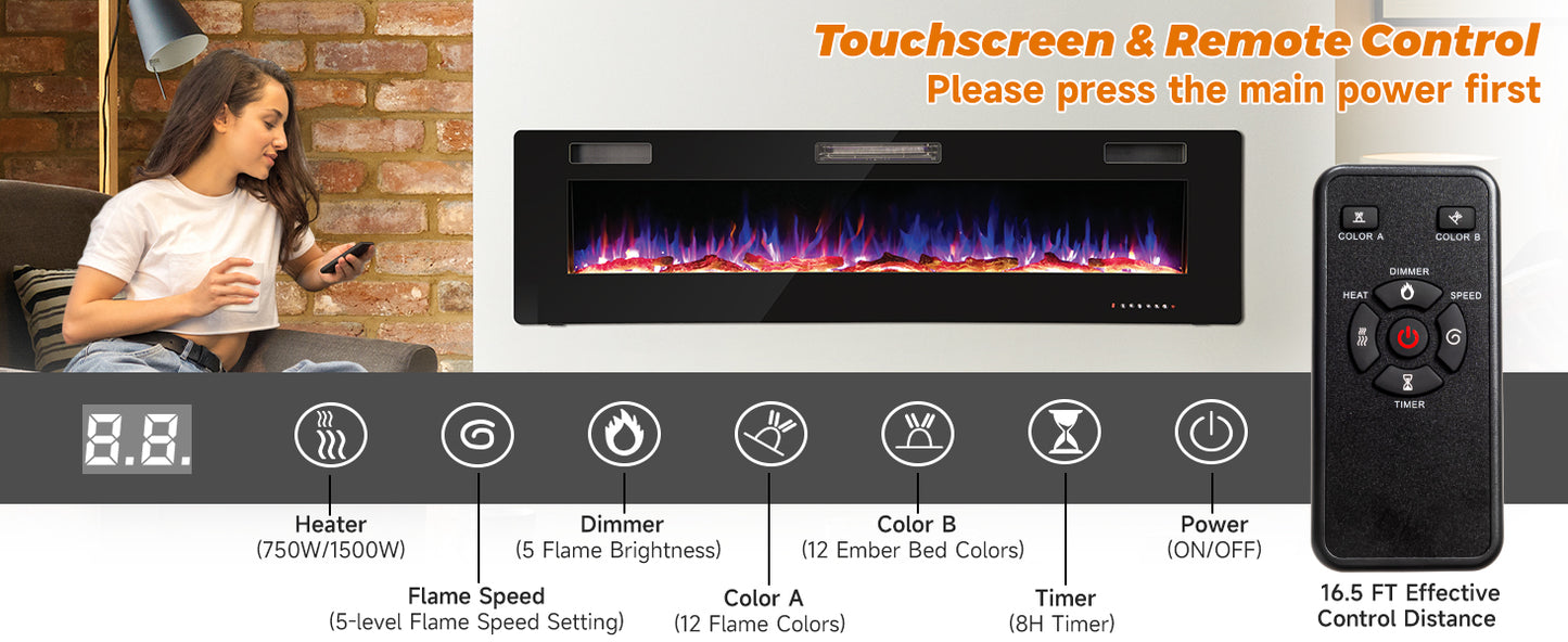 68 Inch Ultra Slim Electric Fireplace with Crystal Log - Wall-Mounted or Recessed