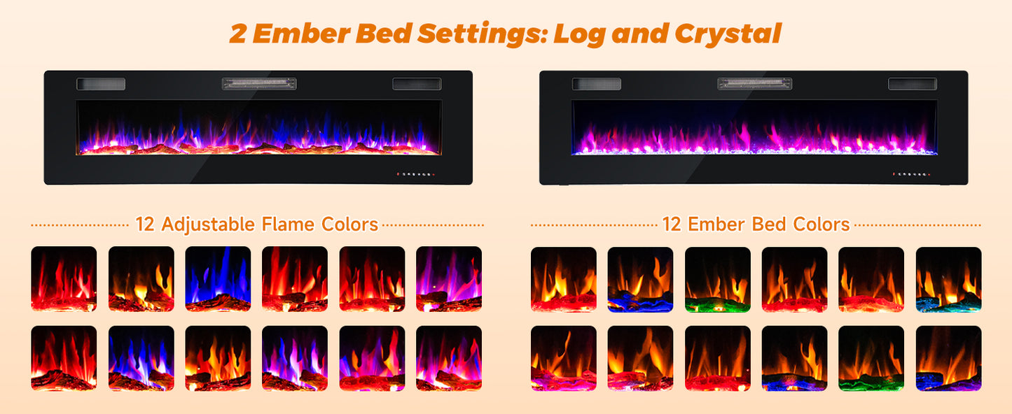 68 Inch Ultra Slim Electric Fireplace with Crystal Log - Wall-Mounted or Recessed