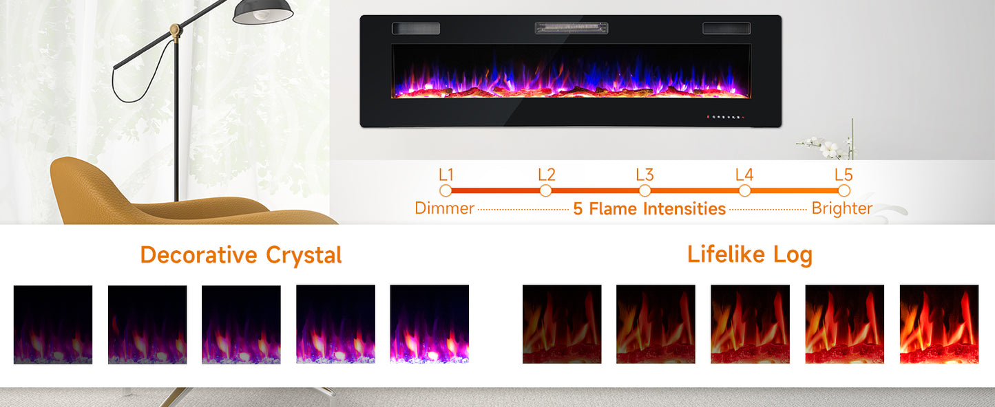 68 Inch Ultra Slim Electric Fireplace with Crystal Log - Wall-Mounted or Recessed