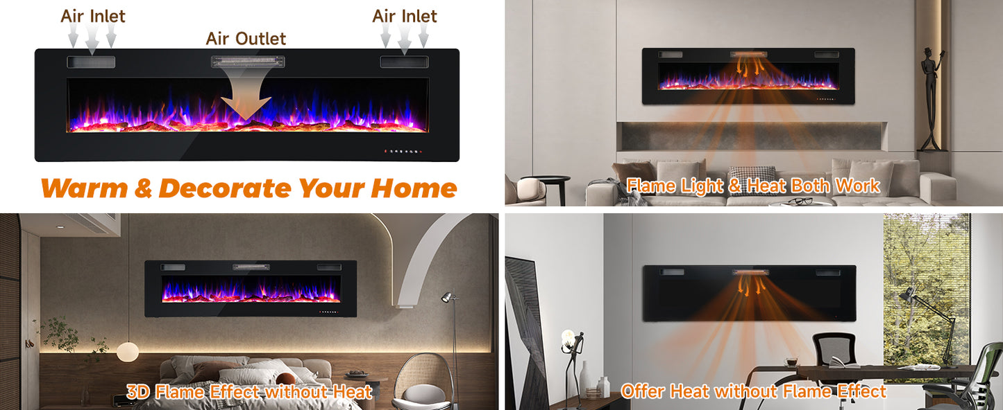 68 Inch Ultra Slim Electric Fireplace with Crystal Log - Wall-Mounted or Recessed