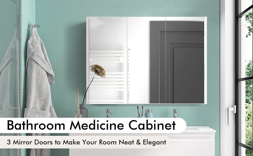 3 Door Wall-Mounted Medicine Cabinet with Adjustable Shelves