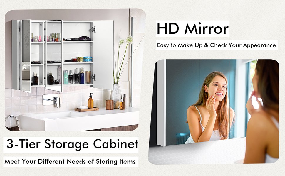 3 Door Wall-Mounted Medicine Cabinet with Adjustable Shelves
