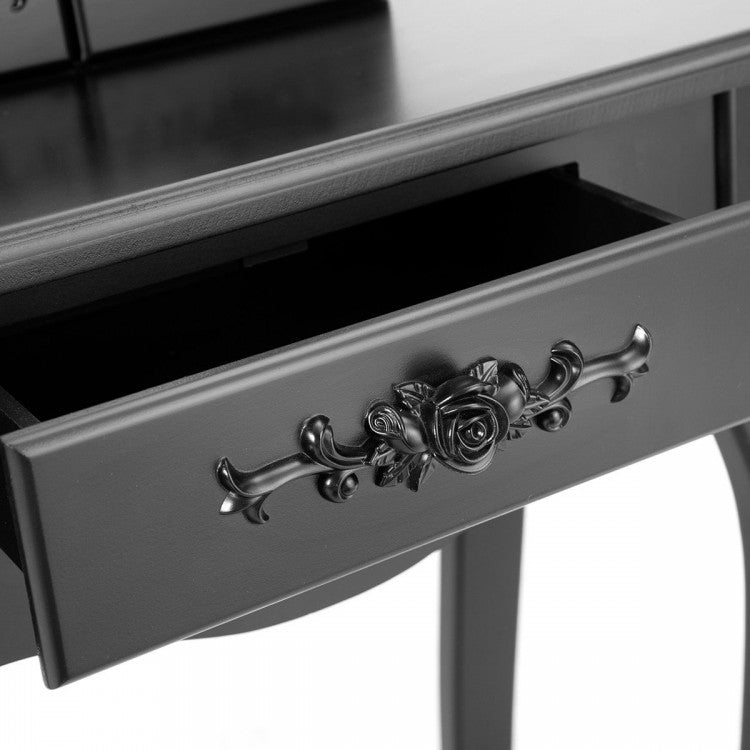 Elegant Vanity Table with Mirror, 3 Storage Drawers, and Matching Stool – Black