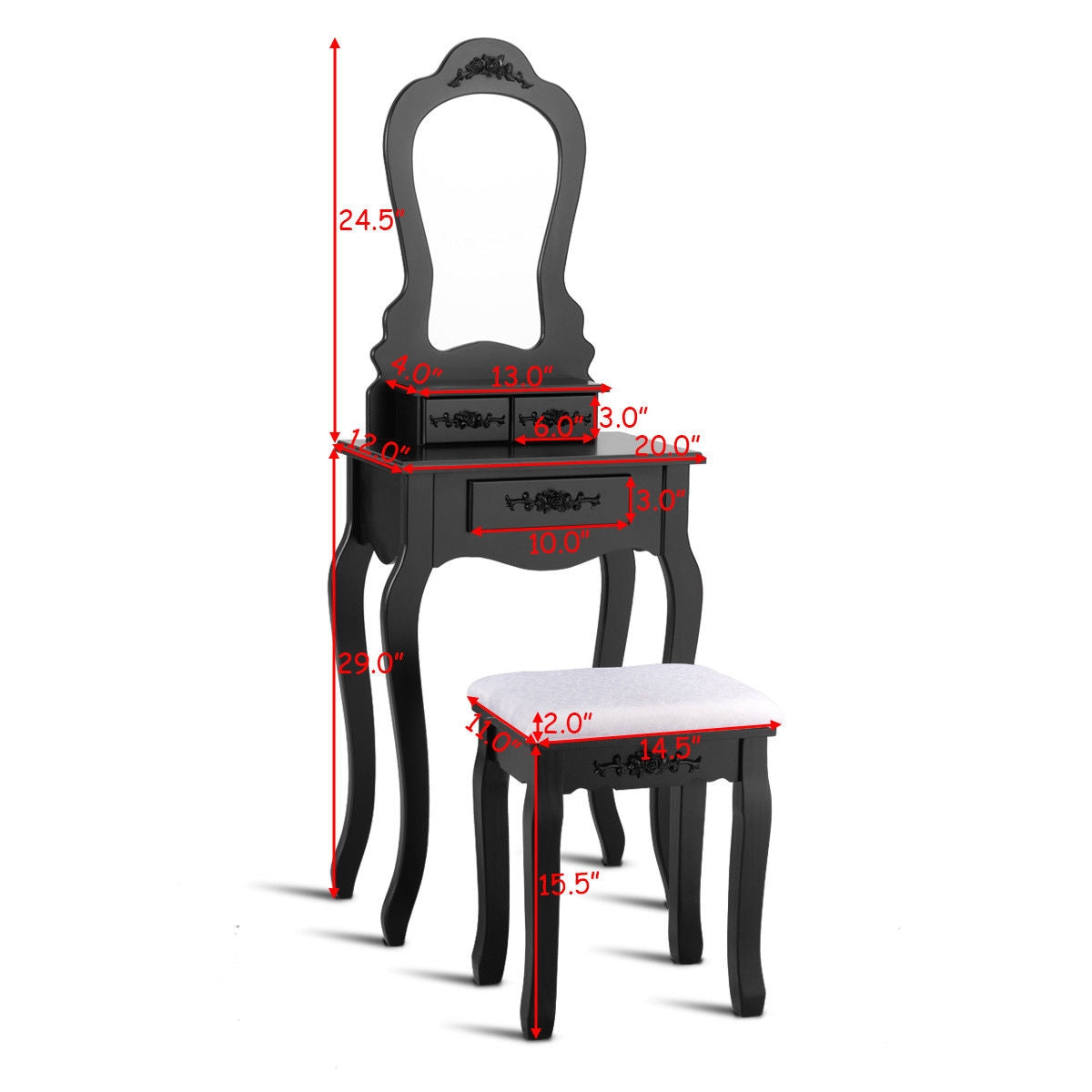 Elegant Vanity Table with Mirror, 3 Storage Drawers, and Matching Stool – Black