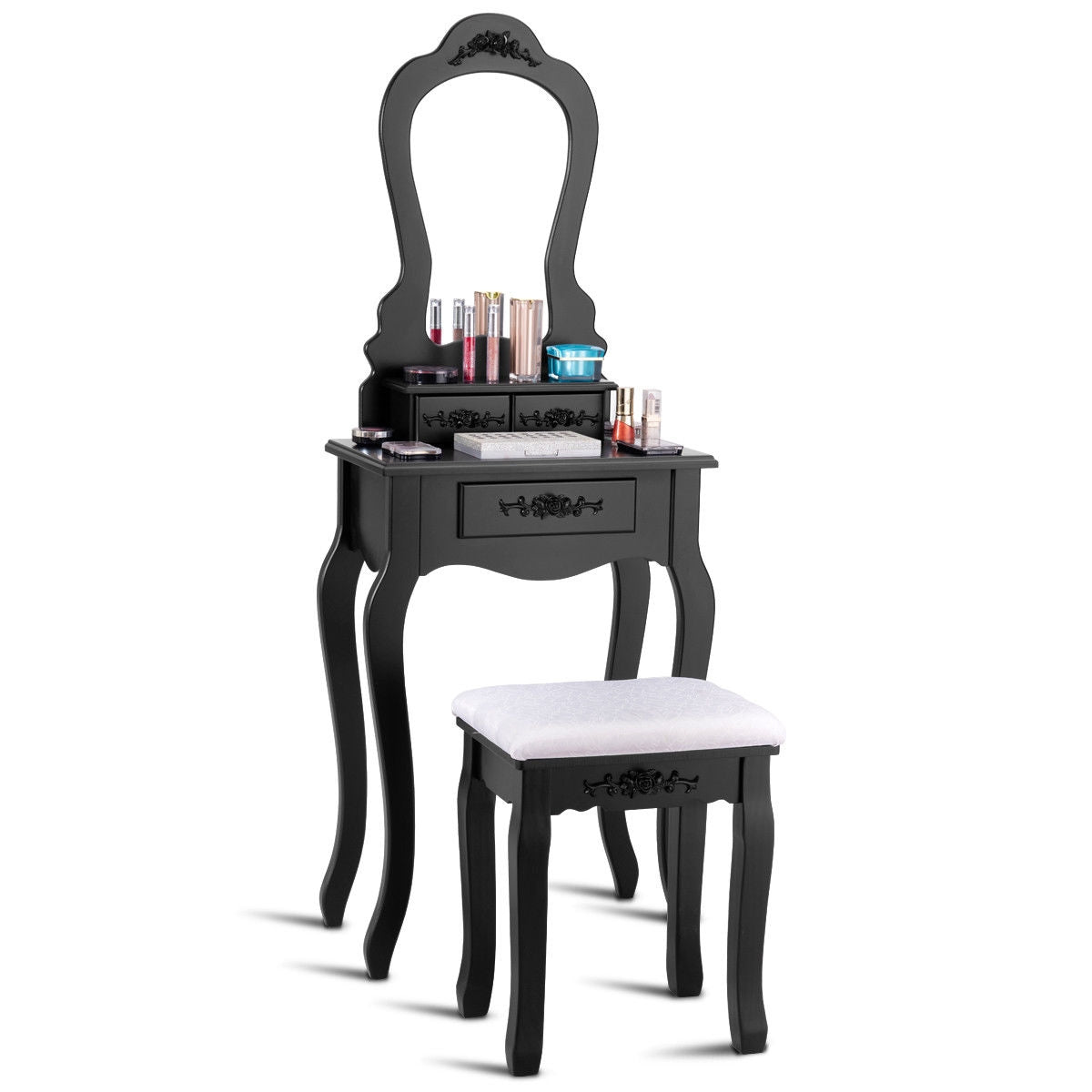 Elegant Vanity Table with Mirror, 3 Storage Drawers, and Matching Stool – Black