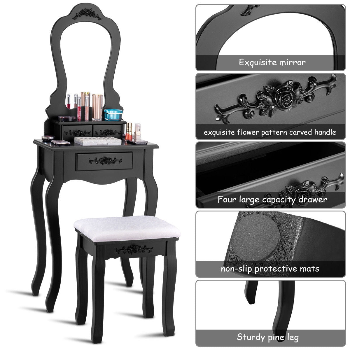 Elegant Vanity Table with Mirror, 3 Storage Drawers, and Matching Stool – Black