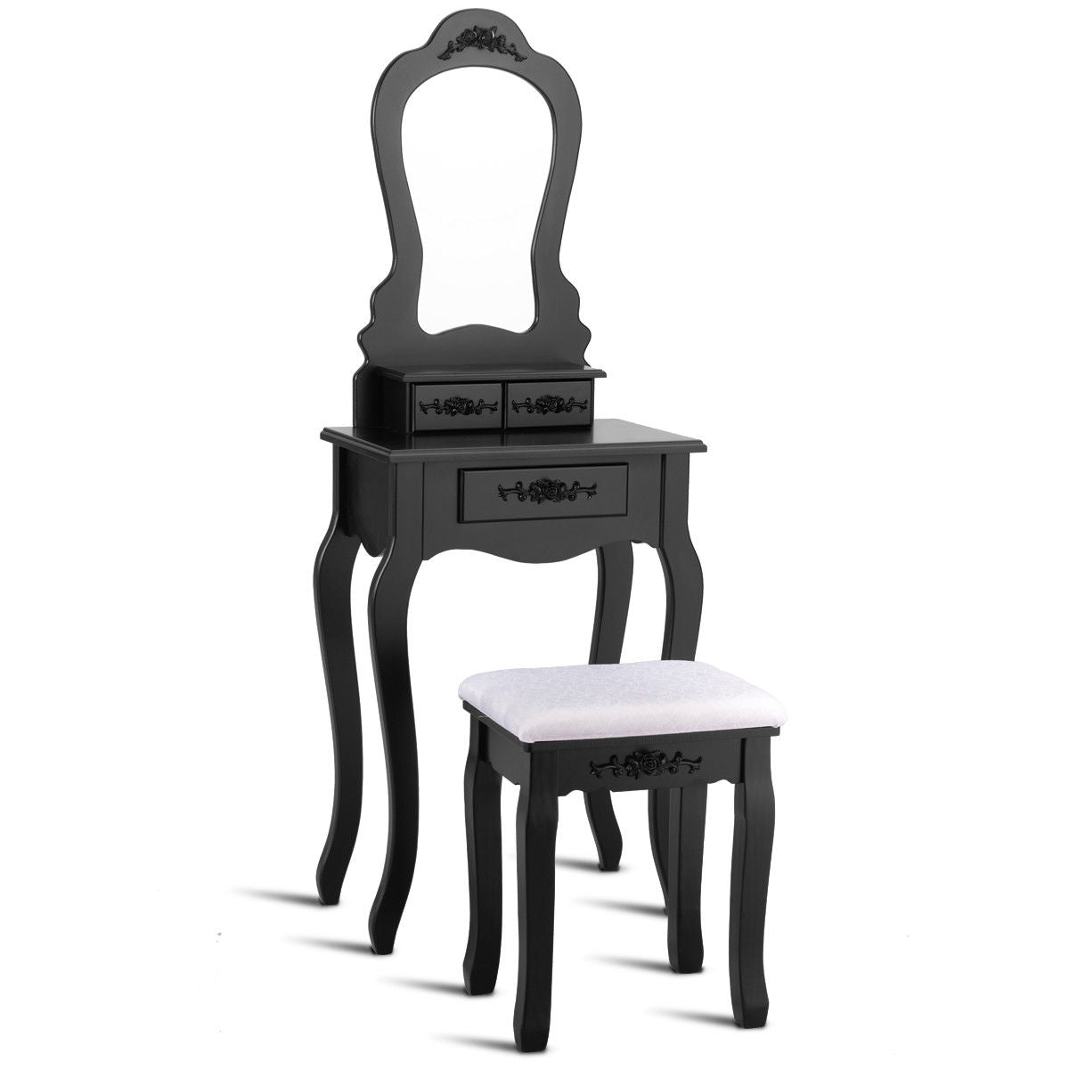 Elegant Vanity Table with Mirror, 3 Storage Drawers, and Matching Stool – Black
